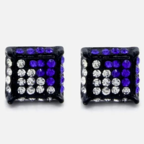 New-Men, Black & Blue Cz Cube,Micro Pave, Stud Ear - Picture 4 of 4